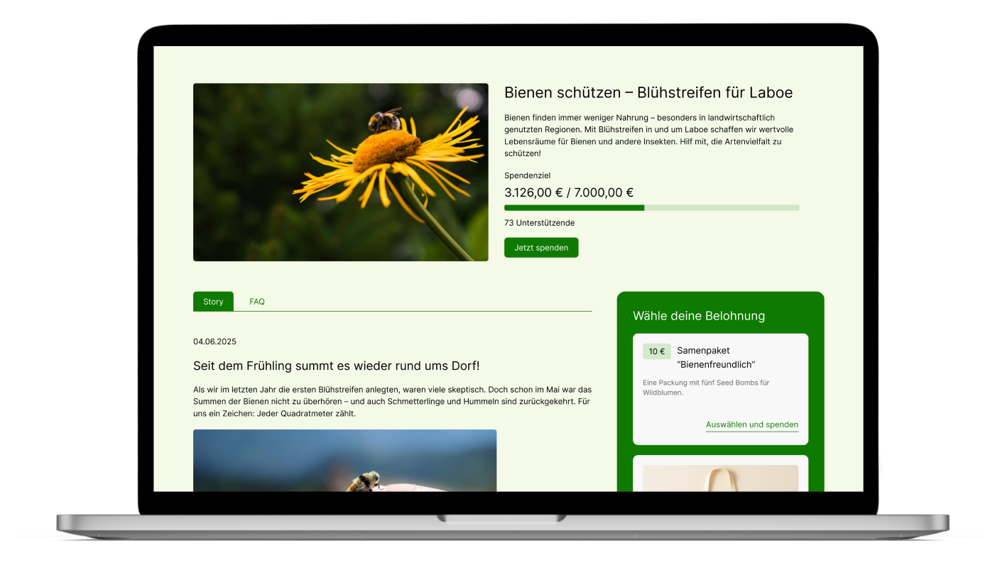 Screenshot einer individualisierten Spendenseite zum Thema Blühstreifen für Bienen.